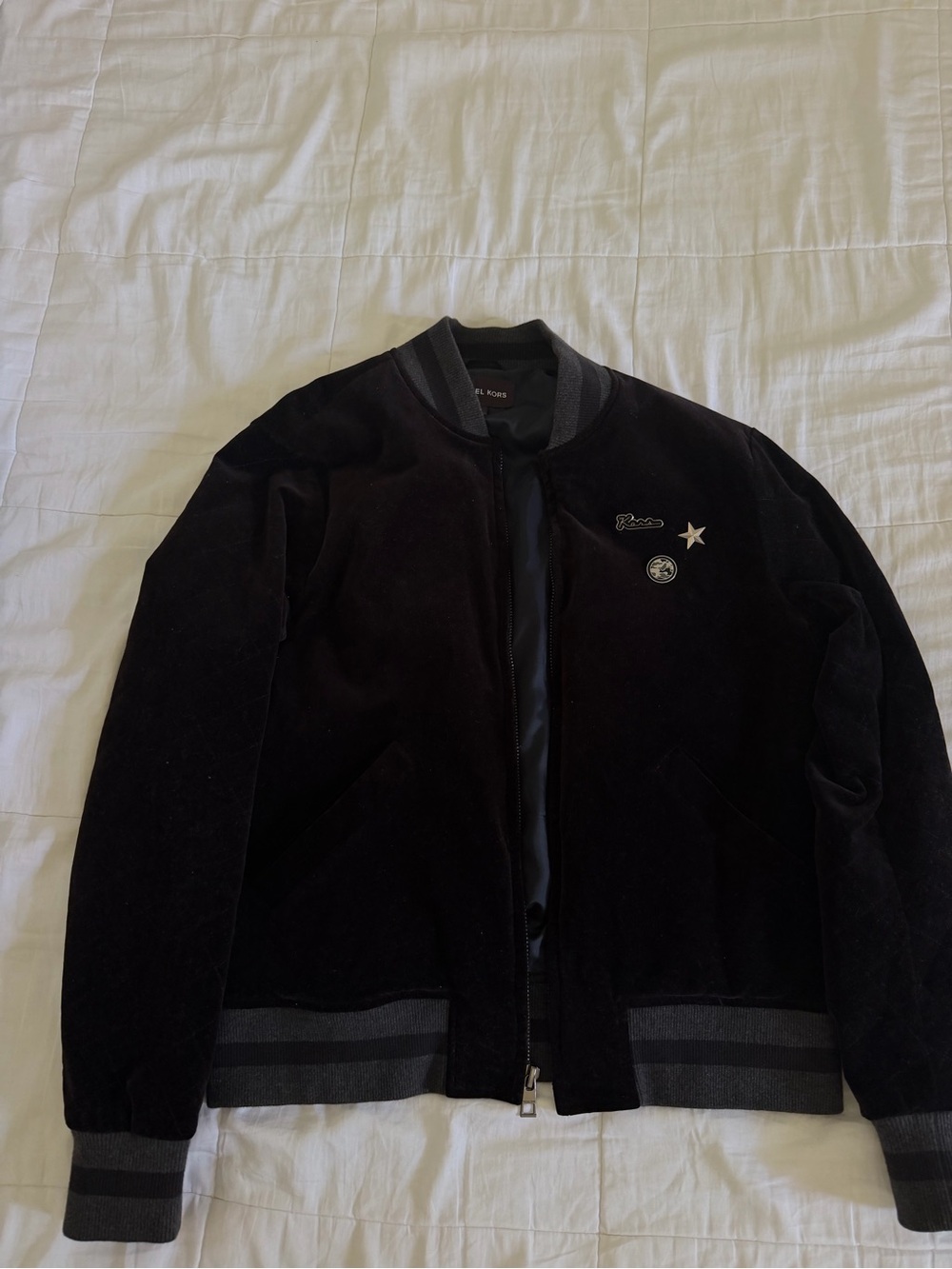 Michael Kors Men's Black Velvet Bomber Jacket with Badge Accents